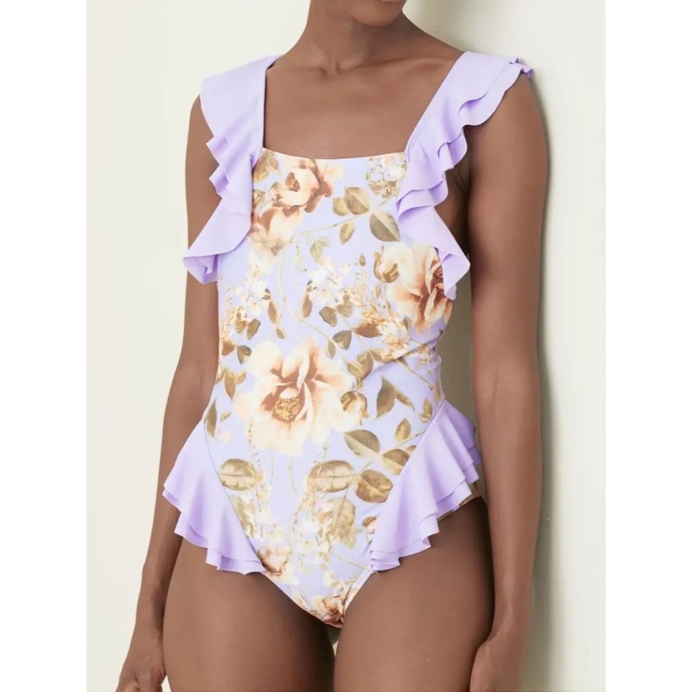 Ruffled Purple Trim Floral Printed Criss Cross Back One Piece Swimsuit